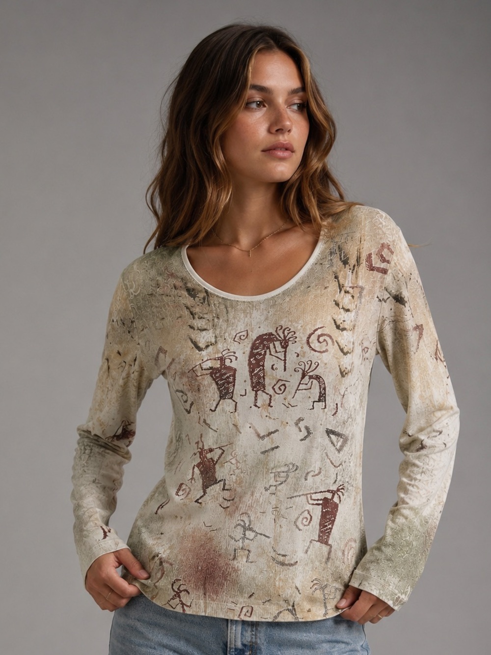 Cactus Bay Medium Tribal Print Long Sleeve Top Beige USA Made Cotton